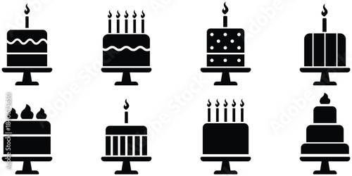 Birthday cake silhouette set, Celebration dessert icon pack, Candle topped pastry collection