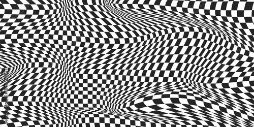 Warped background with geometric graphic. Abstract chess square surface. Checkerboard wavy pattern. Checkered psychedelic optical illusion print. Y2k design for banner. Vector illustration