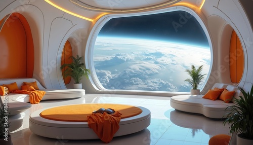 Fototapeta Naklejka Na Ścianę i Meble -  Futuristic space station lounge offers Earth view from orbit. White curved furniture, orange accents, plants create luxury living in zero gravity. Orbital travel is now a reality.