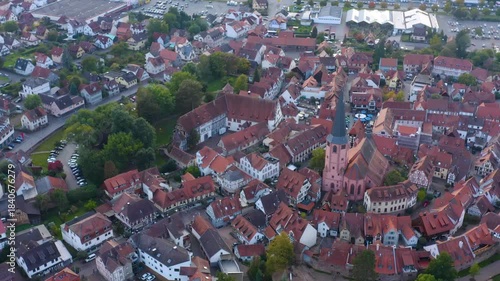 Aerial panorama view of the old town around the city Michelstadt 64720 in Germany on a cloudy noon in spring