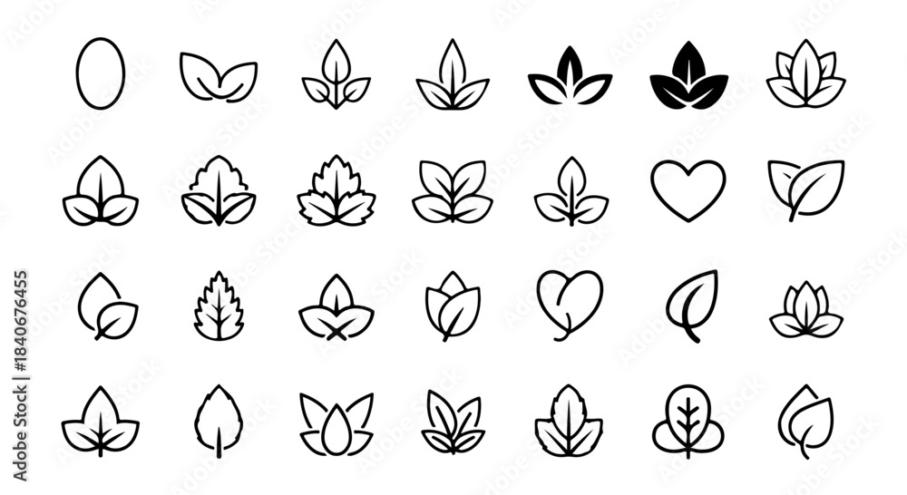 Fototapeta premium Vector Leaf Icons Set: Minimalist Line Art Design for Nature, Eco, Organic, and Branding Elements, Isolated on White
