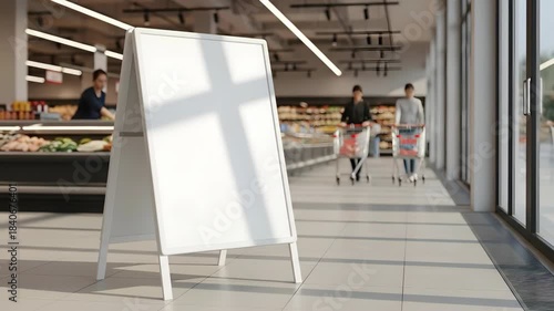 White sandwich board mockup in supermarket aisle with customers pushing carts for retail advertisement