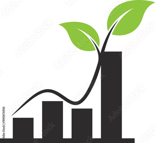 Black bar graph with rising trend line and green leaves growing from top chart bar chart