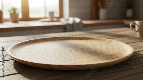 Wooden plate on a sunlit kitchen table in a loop, showing morning light and warm kitchen interior. Background for advertising.