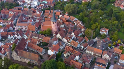 Aerial panorama view of the old town around the city Michelstadt 64720 in Germany on a cloudy noon in spring