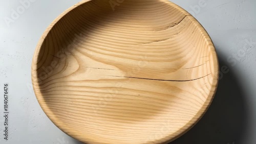 A wooden bowl with visible grain and natural cracks rotates on a gray background, showcasing its rustic texture and craftsmanship