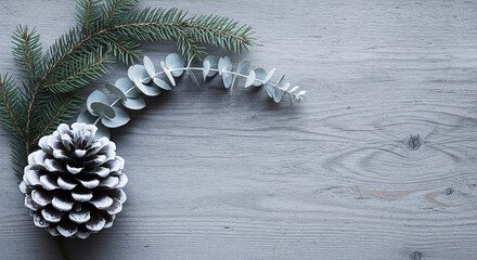 Minimalist Christmas background with snowy pine cone, fir branch and eucalyptus on grey wooden board, winter holiday decoration with copy space for text