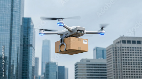 Drone delivering package over urban skyline with modern buildings in the background