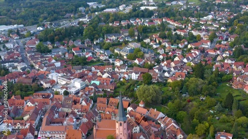 Aerial panorama view of the old town around the city Michelstadt 64720 in Germany on a cloudy noon in spring