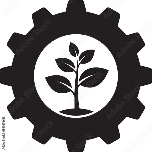 Black gear with white seedling growing inside a circular cutout cogwheel plant