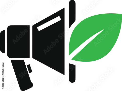 Black megaphone with green leaf symbol on white background vector graphic loudspeaker bullhorn