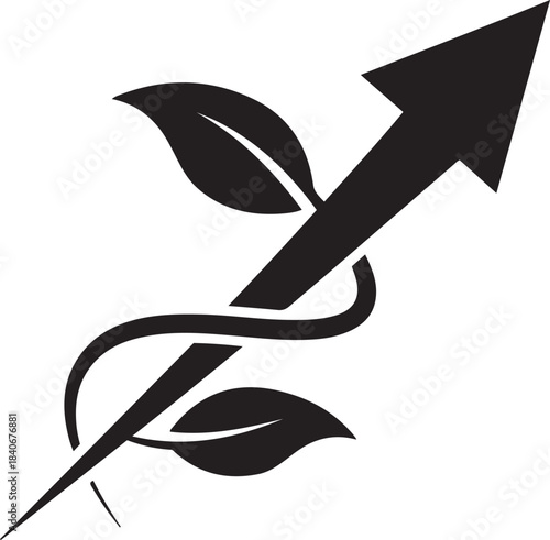 Black upward arrow with green leaves and vine wrapping around it on white background growth plant