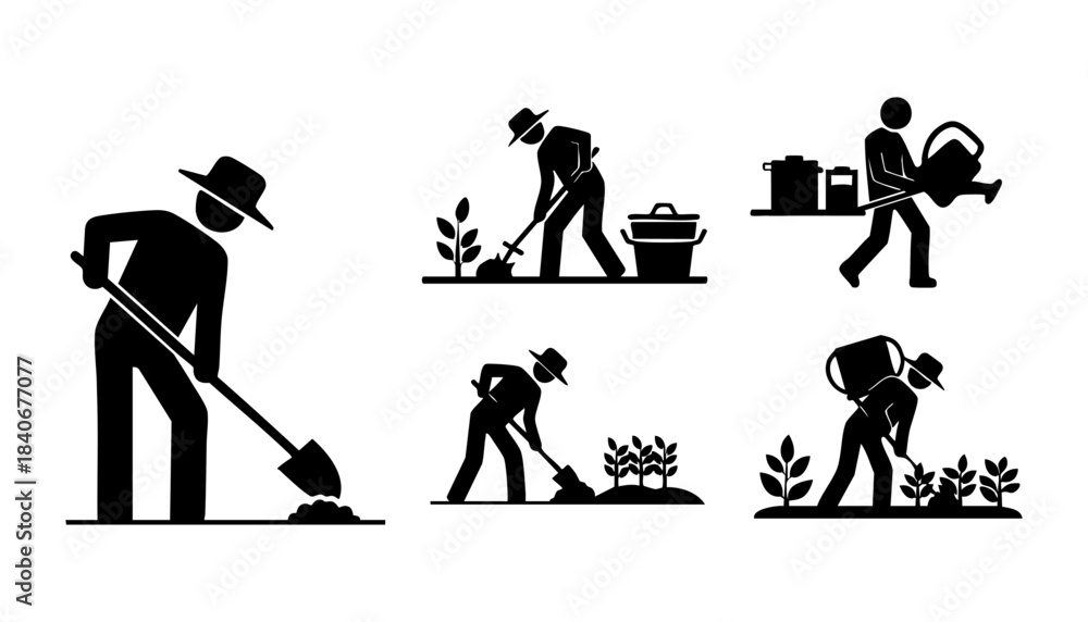 Obraz premium Agricultural Field Work Silhouette Scene Set