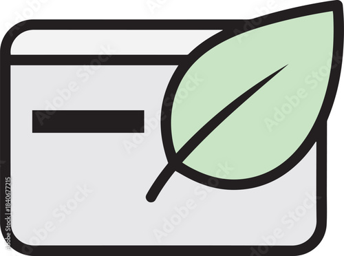 Stylized credit card icon with a light green leaf and black outline on a light gray background symbol