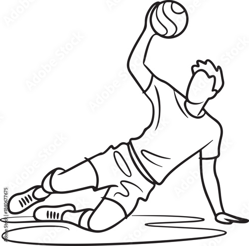 Continuous line art illustration of a libero sliding on the floor to save the ball in minimal contour drawing