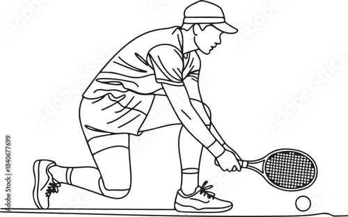 Continuous line art illustration of a libero player crouching for a dig in minimal contour drawing