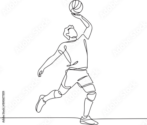 Continuous line art illustration of a male volleyball player spiking powerfully in minimal contour drawing