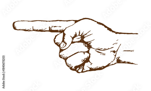 Hand with an extended index finger. Sketch, doodle, engraving. Vector illustration