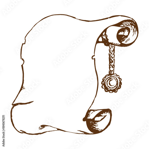 An unrolled paper scroll with a hanging antique seal. Sketch, doodle or engraving. Blank template, text box, or other options available. Vector illustration