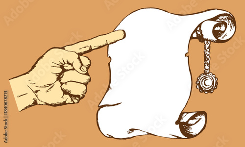 A hand pointing to a crumpled paper scroll with an antique seal. A blank template, suitable for inscription or other purposes. Sketch, doodle or engraving. Vector illustration