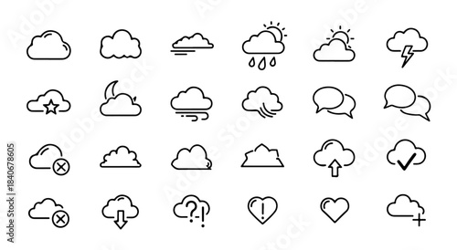 Weather Icons Set: Black & White Outline Cloud, Rain, Sun, Lightning, Wind, Moon, Star, UI Vector Icons