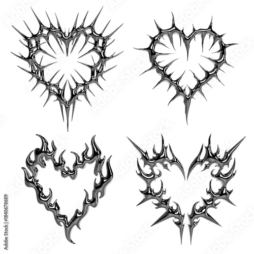 Foto Pack of chrome tribal hearts in Y2K style with 3D metallic texture and sharp shapes