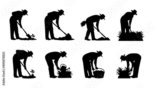 Bending Worker Silhouette Action Pose Set