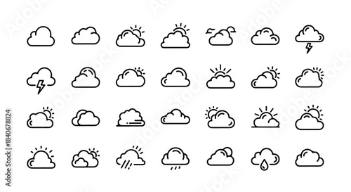 Collection of Simple Weather Icons: Black and White Cloud, Sun, Rain, and Storm Symbols for Websites, Apps, and Presentations - Vector Graphics