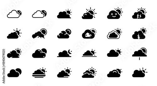 Weather Icons Set: Black and White Vector Illustrations of Clouds, Sun, Moon, and Lightning - Forecast, Meteorology, Climate, Design Elements, Symbols