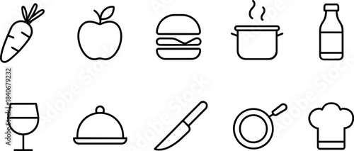 Food and kitchen icons set. Ingredients, meal, cooking tools, outline vector symbols