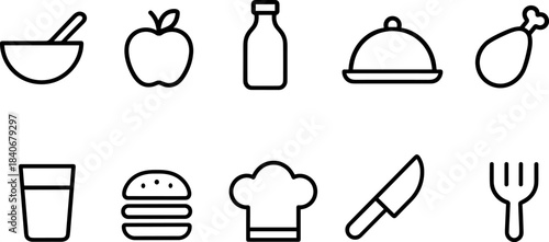 Food and kitchen icons set. Ingredients, meal, cooking tools, outline vector symbols
