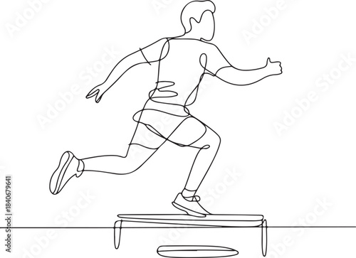 Continuous line art illustration of a player doing a quick set jump in minimal contour drawing