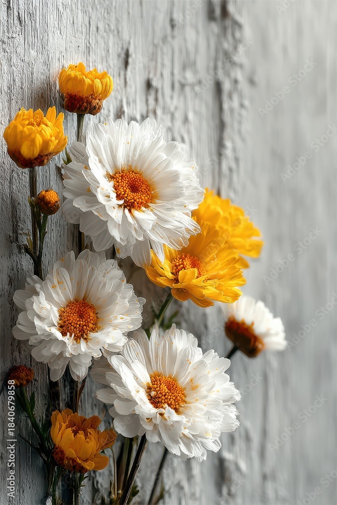 Fototapeta premium White daisies with yellow centers on a white wood background, top view flat lay highlighting bright floral bouquet
