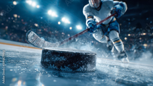 Player skates on ice while striking a puck during a hockey game in an arena at night with bright lights
