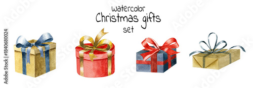 Watercolor holiday gift box set. Different colorful present. Craft, red and blue gift box. Satin ribbons and bows.