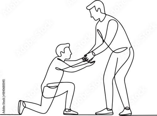 Continuous line art illustration of a player helping another up in minimal contour drawing