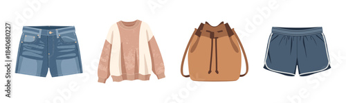 Trendy denim shorts, cozy sweater, stylish backpack, and casual athletic shorts