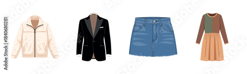 Fashionable outfit collection: jacket, blazer, denim skirt, and dress