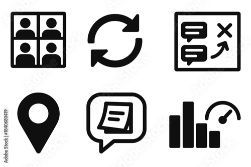 Brutalist Collaboration Icons. Virtual Collaboration Dynamics silhouette set: team presence grid, remote workflow arrow, synchronous chat stream, digital whiteboard tile, attention