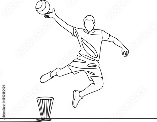 Continuous line art illustration of a player jumping sideways to spike in minimal contour drawing