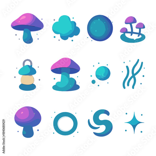 Enchanted Spore Icons. Enchanted Spore Elements isometric flat set: glowing mushroom cap, drifting spore cloud, bioluminescent puff, forest fungus ring, tiny spore lantern, misty