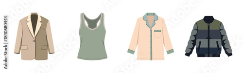 Variety of outerwear and clothing icons: blazer, tank top, pajama top, and bomber jacket