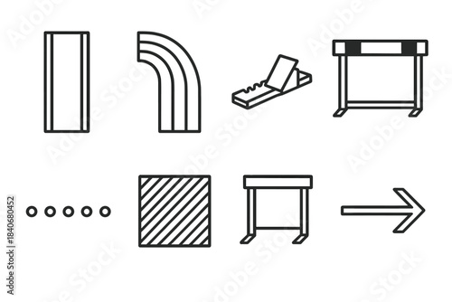 Track Icon Elements. Track Elements linear set: straight track lane, curved bend, starting block, finish line stripe, lane marker dots, track texture pattern, hurdle frame, sprint