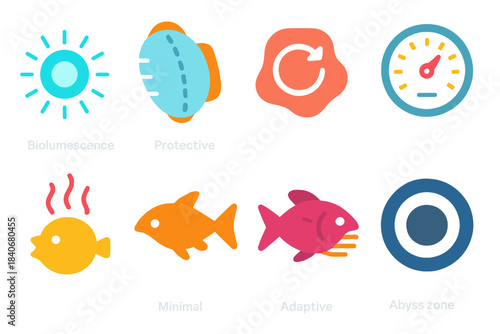 Underwater Survival Icons. Extreme Depth Survival Modes flat set: bioluminescent glow bead, reinforced body plate, slow-energy cycle patch, deep-pressure gauge, chemical cue sensor