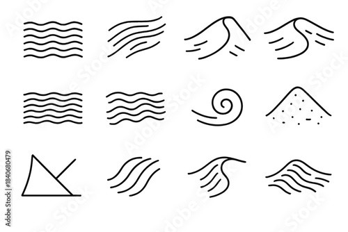 Wind-Shaped Sand Icons. Wind-Shaped Sand Patterns linear set: rippled sand, wind streaks, slip face, windward slope, dune crest cutaway, sand wave pattern, small ripple cluster,