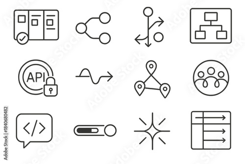 Engineering Collaboration Icons. Multi-Team Engineering Collaboration linear set: sprint board, linked commits, branching arrows, architecture tile, shared API token icon, sync