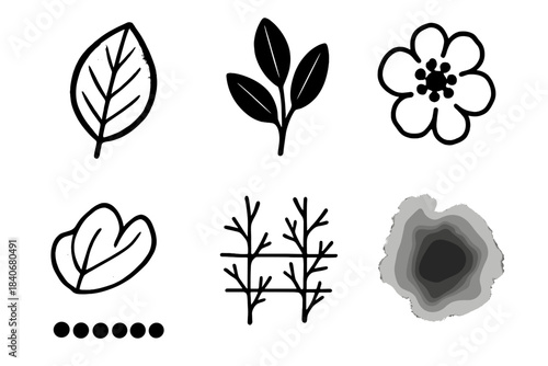 Botanical Icons Set. Green Creativity Set linear set: leaf stamp, botanical cutout, flower impression, seed bead line, twig grid, soft watercolor splash.
