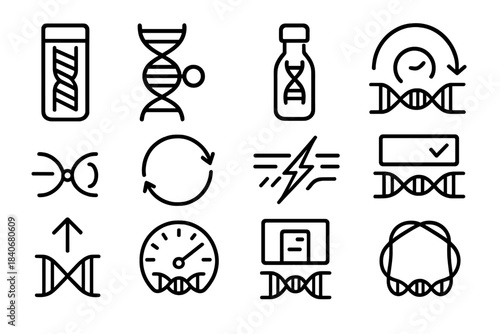 Telomere Icon Set. Chromosomal End Maintenance linear set: telomere tile, DNA helix node, protective cap bar, enzyme activity ring, replication cue dot, cell-cycle patch, oxidative