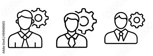 Three faceless businessmen icons with gear thought bubbles in line style