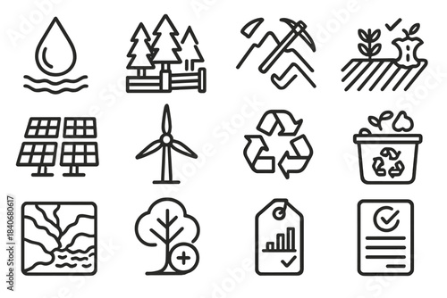Sustainable Resource Icons. Sustainable Resource Management linear set: renewable water source, managed forest plot, regulated mining zone, sustainable farmland, solar panel array,